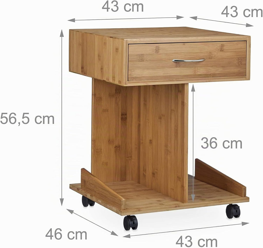 Relaxdays Beistelltisch mit Rollen ROLLI Bambus, Schublade, 2 Ablagen für Bücher, HxBxT: ca. 56,5 x