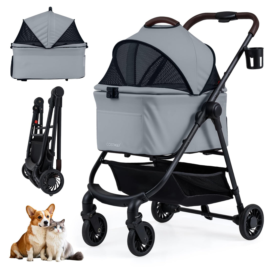 COSTWAY 3 in 1 Hundewagen, Hundebuggy mit verstellbarem Netzdach & Korb & Getränkehalter, Haustiere