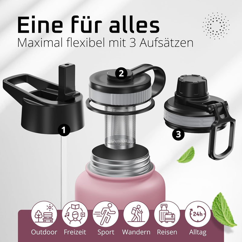 Trinkflasche Edelstahl ACTIVE FLASK + Strohhalm (3 Deckel) BPA-frei, Auslaufsicher, Kohlensäure geei