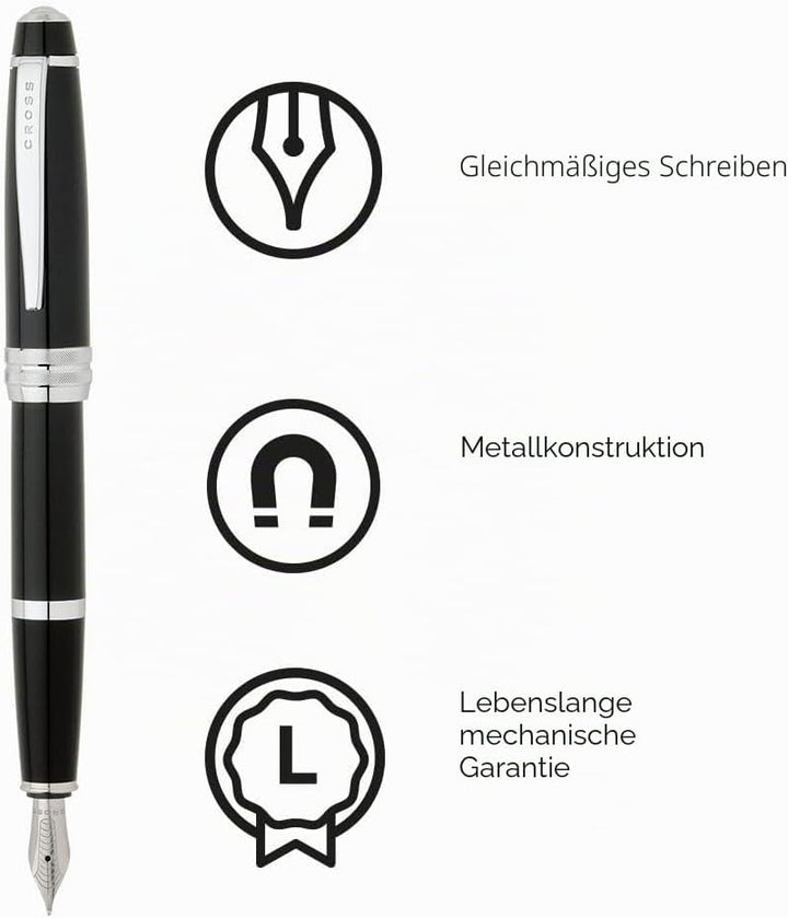 Cross Bailey Füllfederhalter (M-Feder, chromplattierte Beschläge) schwarz-lack, 1 Stück (1er Pack) S