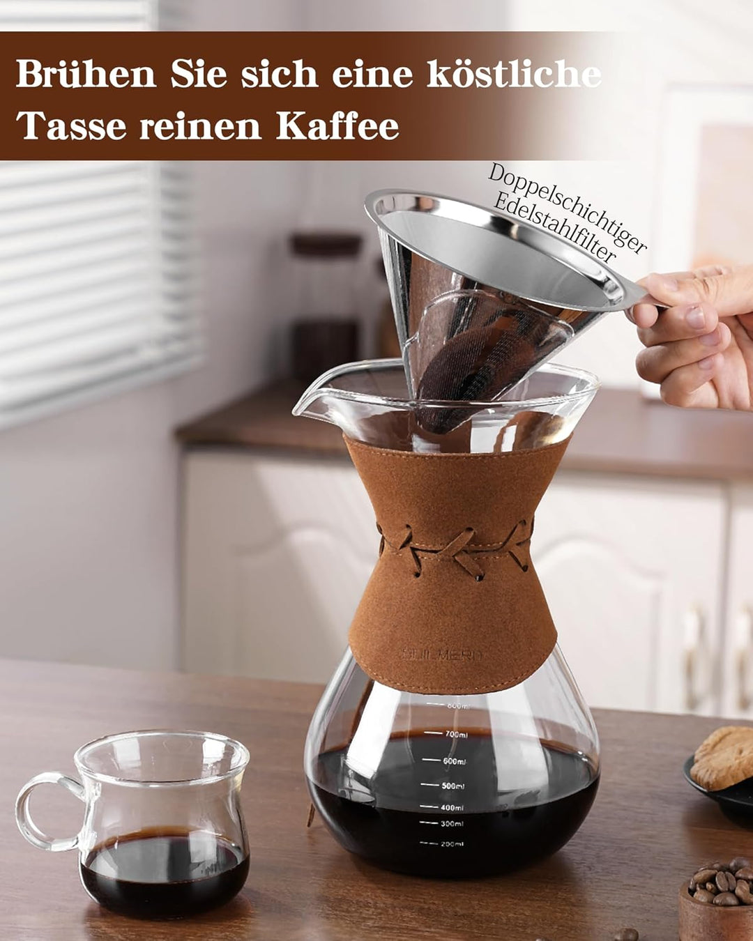 Kaffeebereiter mit Filter aus Edelstahl, 800ml Kaffeekanne für 5-6 Tassen Glas Pour Over Kaffeebrühe