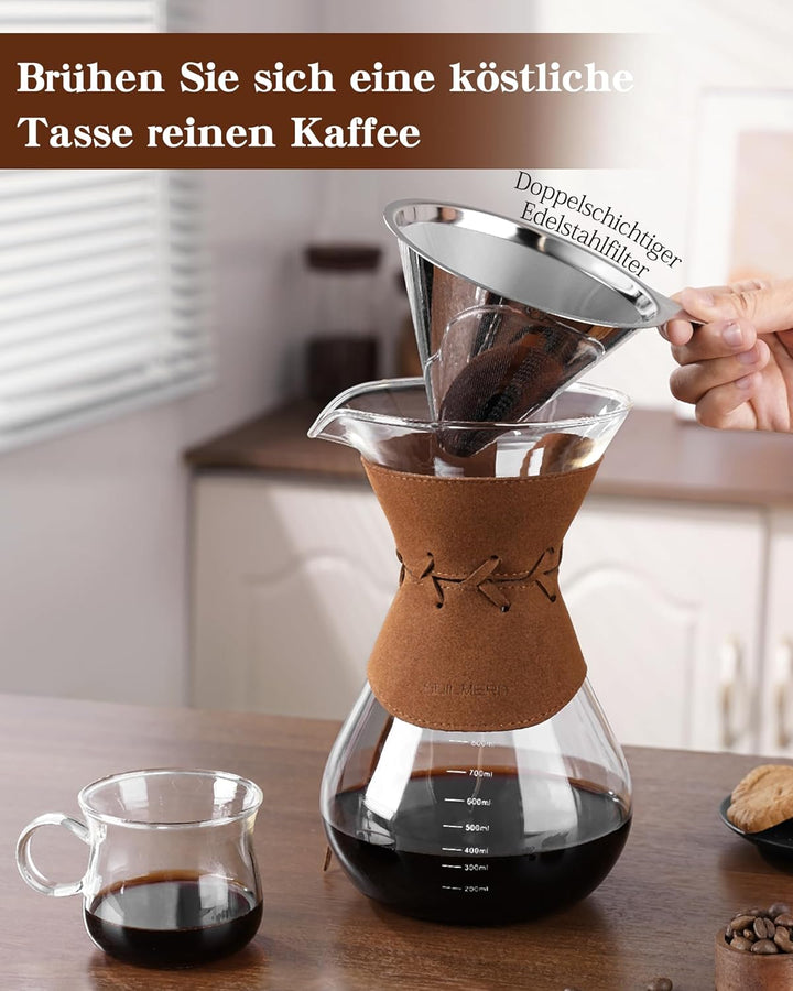 Kaffeebereiter mit Filter aus Edelstahl, 800ml Kaffeekanne für 5-6 Tassen Glas Pour Over Kaffeebrühe