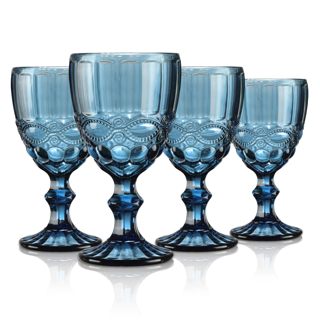 Joeyan Blau Vintage Weingläser mit Geprägtem Design,Farbiger Relief Rotweingläser Weissweingläser,Tr