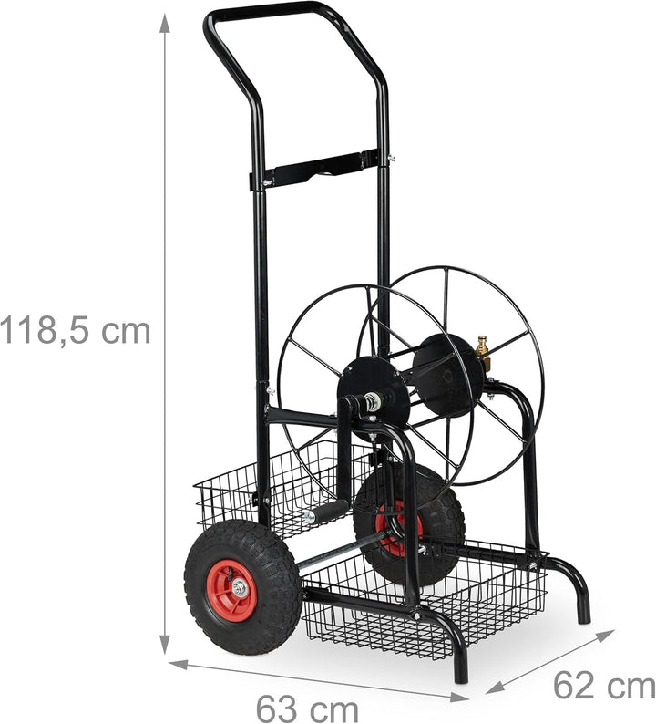 Relaxdays Schlauchwagen, bis 45 m, 2 Luftreifen, Klickkupplung, Schlauchtrommel Metall, Schlauchabro