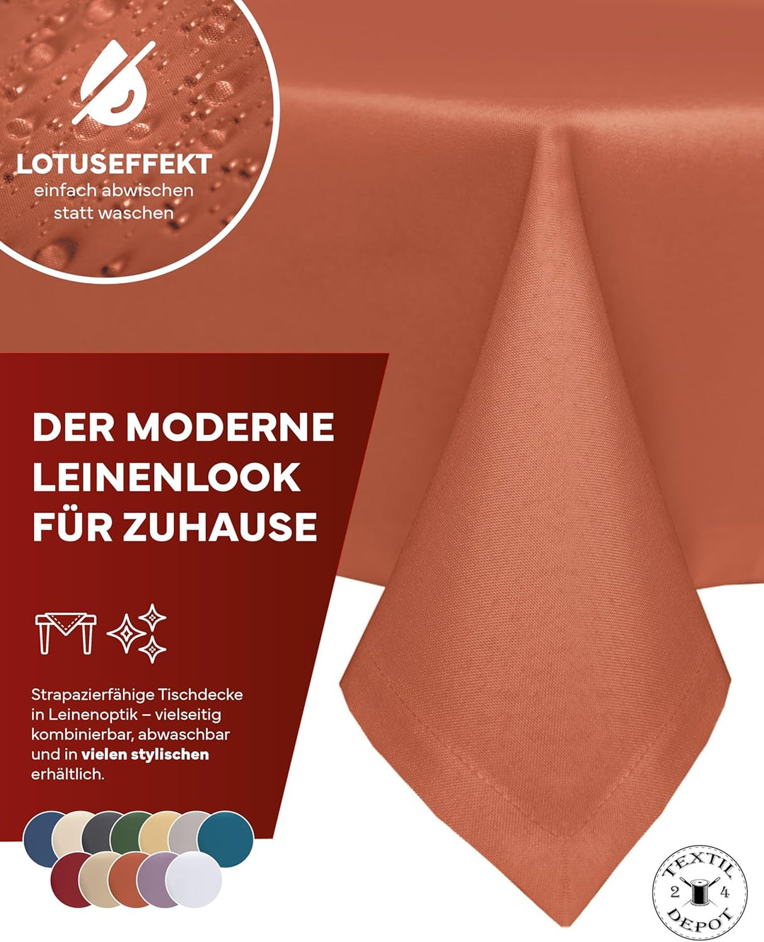 texpot Gartentischdecke 160 x 160 cm in Terrakotta mit Leinen Optik Lotuseffekt Fleckschutz Bügelfre