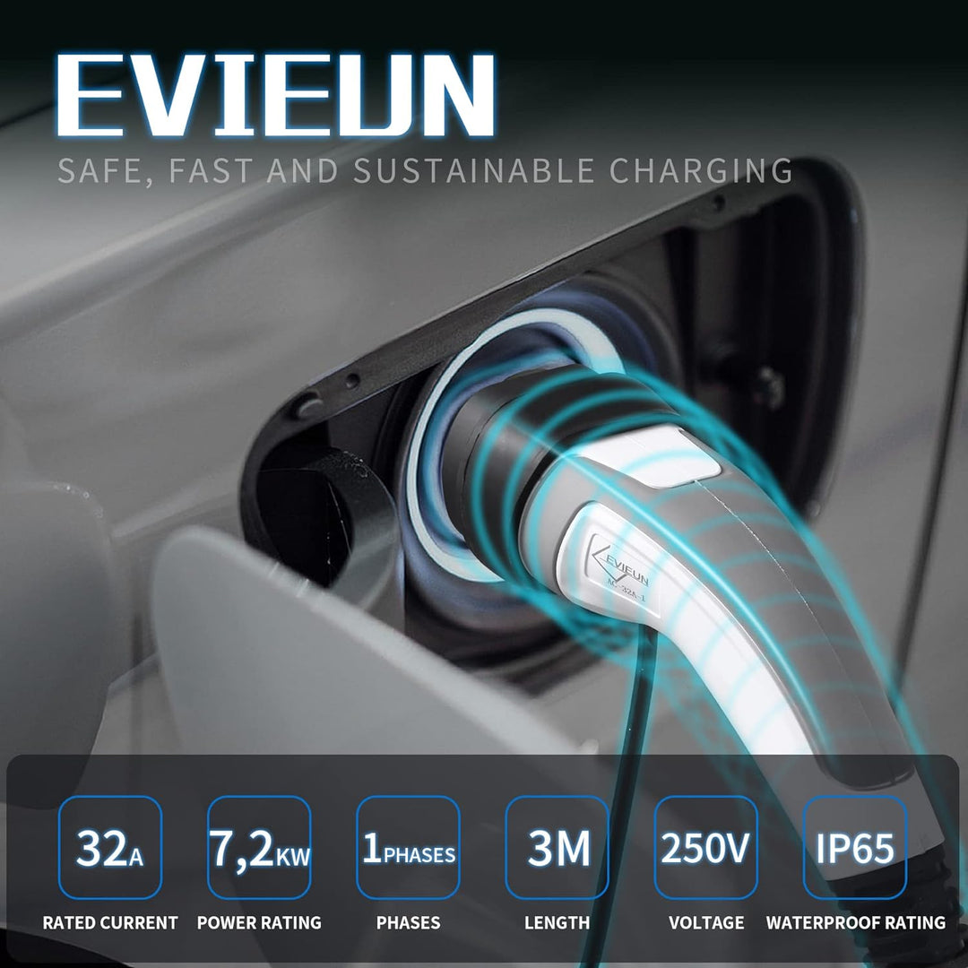 EVIEUN Ladekabel Typ 2 7,2kW 32A für Hybrid & Elektroauto | 1 phasig | 3 Meter Typ 2 Ladekabel, Lade