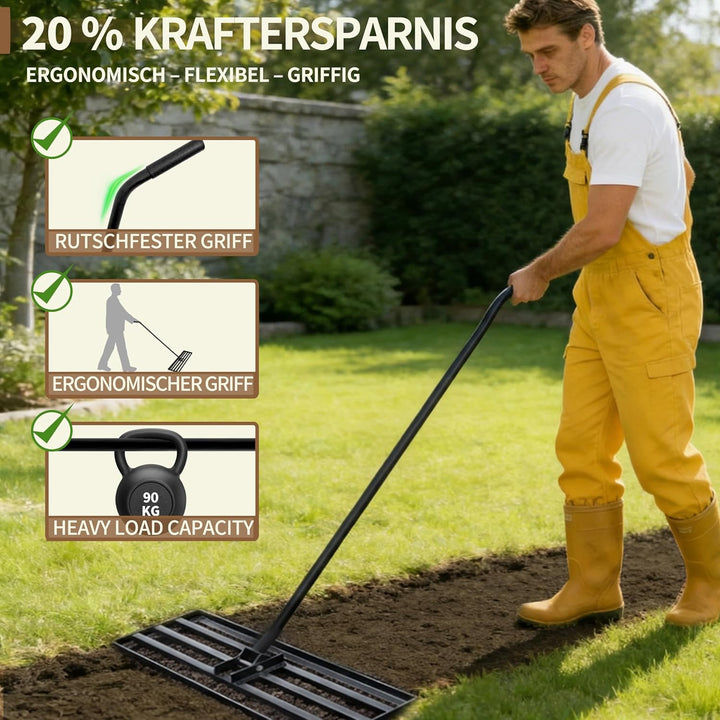 Rasen Rakel 75x25cm Rückenschonend, Rasennivellierer mit ergonomisch gebogenem 185cm Griff, Metall N