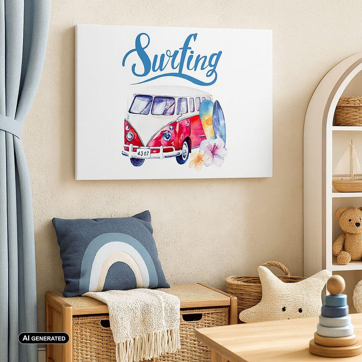 Bilder auf Leinwand Aquarell Surfbrett Palme Bäume Leinwandbild 70x50cm Wandbilder Dekoration Wohnzi