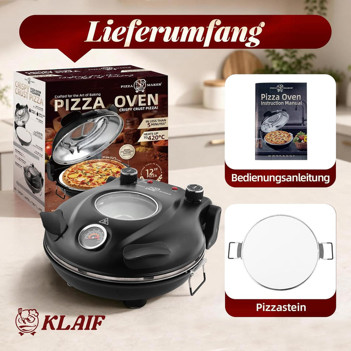 klaif Klaif Elektrischer Pizzaofen, 420 °C, 1200 Watt, 5 Temperaturstufen separat einstellbar, Platt