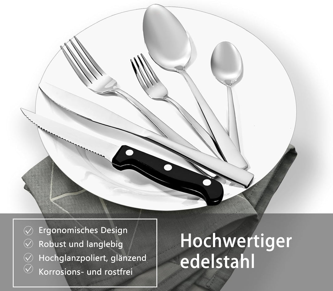 Besteck Set 6 Personen 36-teilig Edelstahl - Besteckset Spülmaschinenfest mit Steakmesser, Tafelmess