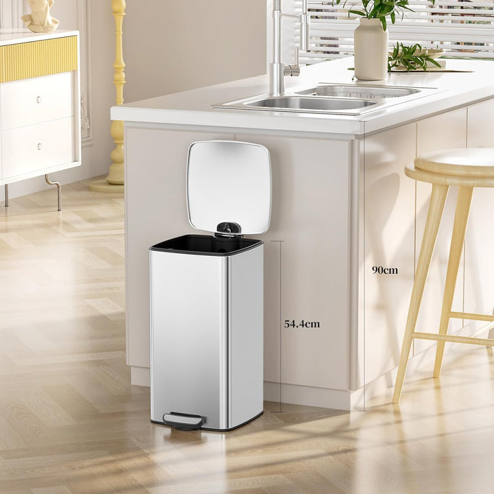 LIFERUN Mülleimer 30L aus Stahl, rechteckiger Abfalleimer mit Soft-Close-Deckel, Pedal und Inneneime
