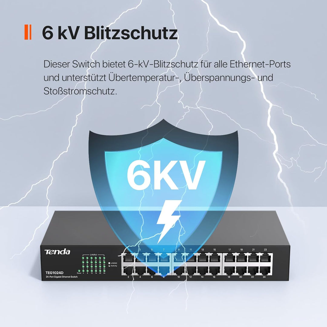 Tenda TEG1024D 24 Port Switch 19 Zoll Rackeinbau Gigabit Switch (Plug-and-Play, 48 Gbit/s Switching-