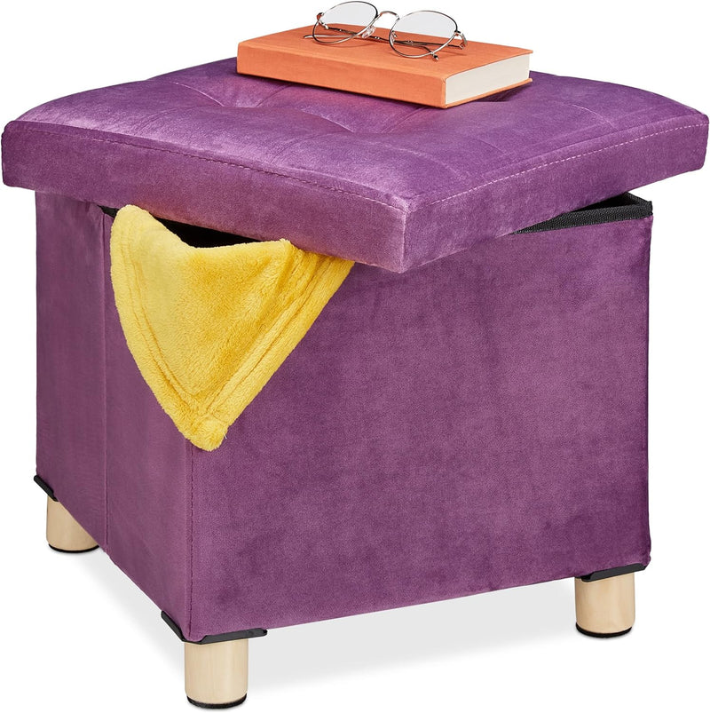 Relaxdays Samthocker mit Stauraum, Tablett im Deckel, mit Holzbeinen, eckiger Sitzhocker, HBT: 35 x