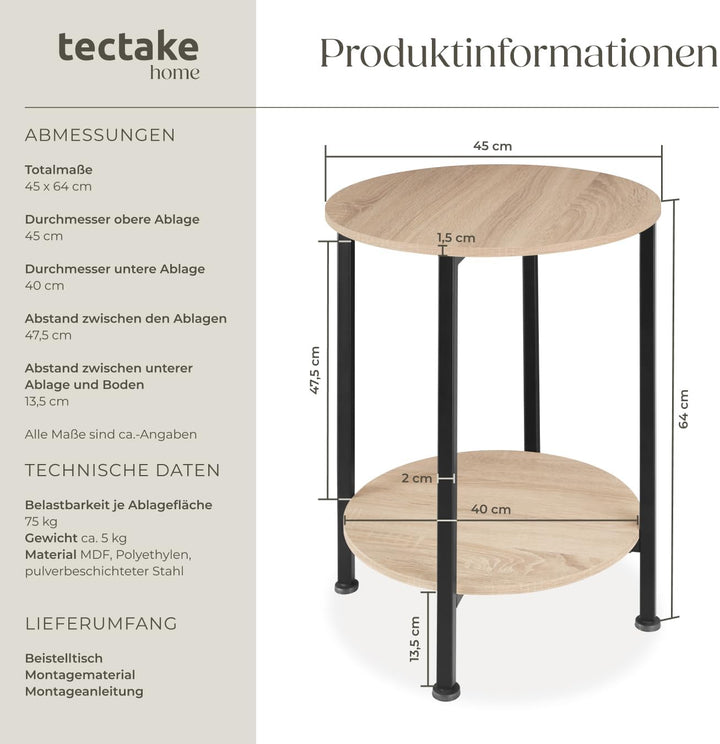 tectake Beistelltisch rund aus Holz und Metall, Industrie-Design, Couchtisch mit 2 Ablagen, für Wohn