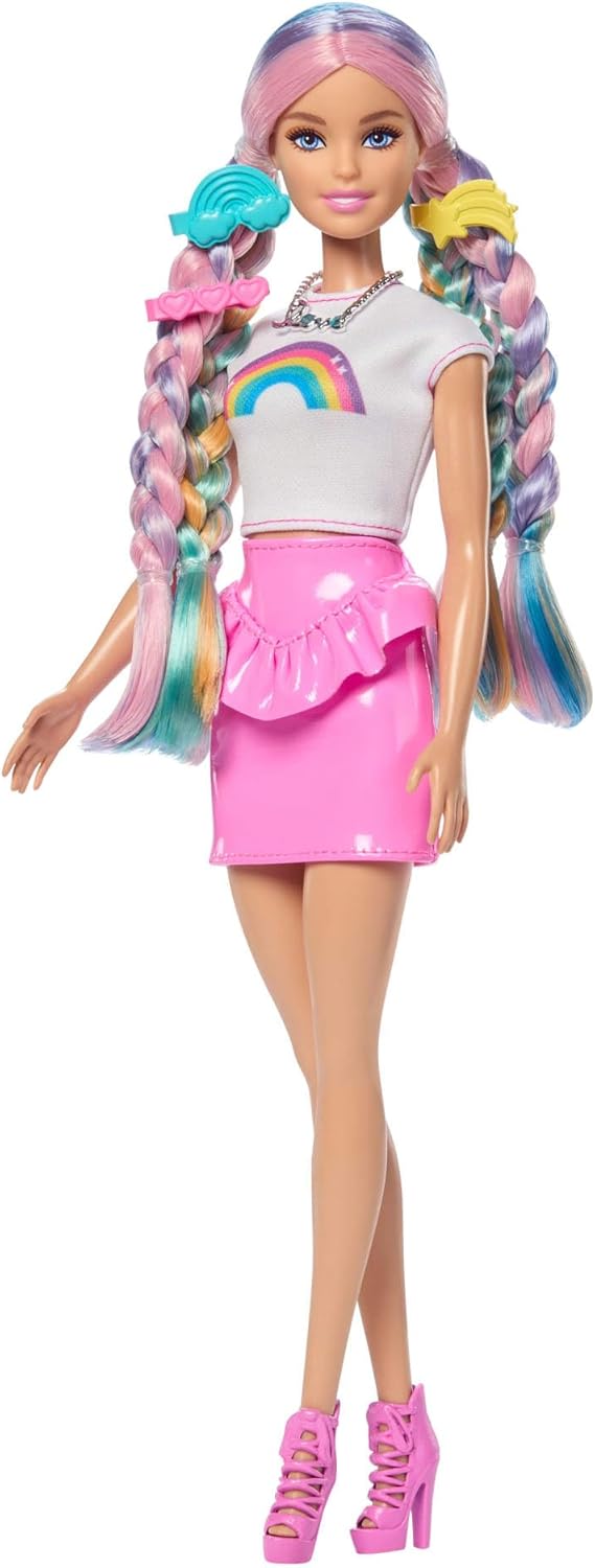 Barbie Regenbogen-Glitzerhaar Puppe, besonders Lange und Bunte Haare mit 12 Styling-Zubehörteilen wi