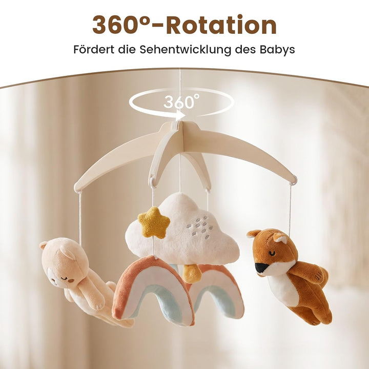 Baby Mobile Holz für Babybett, Regenbogen Wolke mit Plüsch Bär, Fuchs Mobile Baby, Mobile Baby Winds