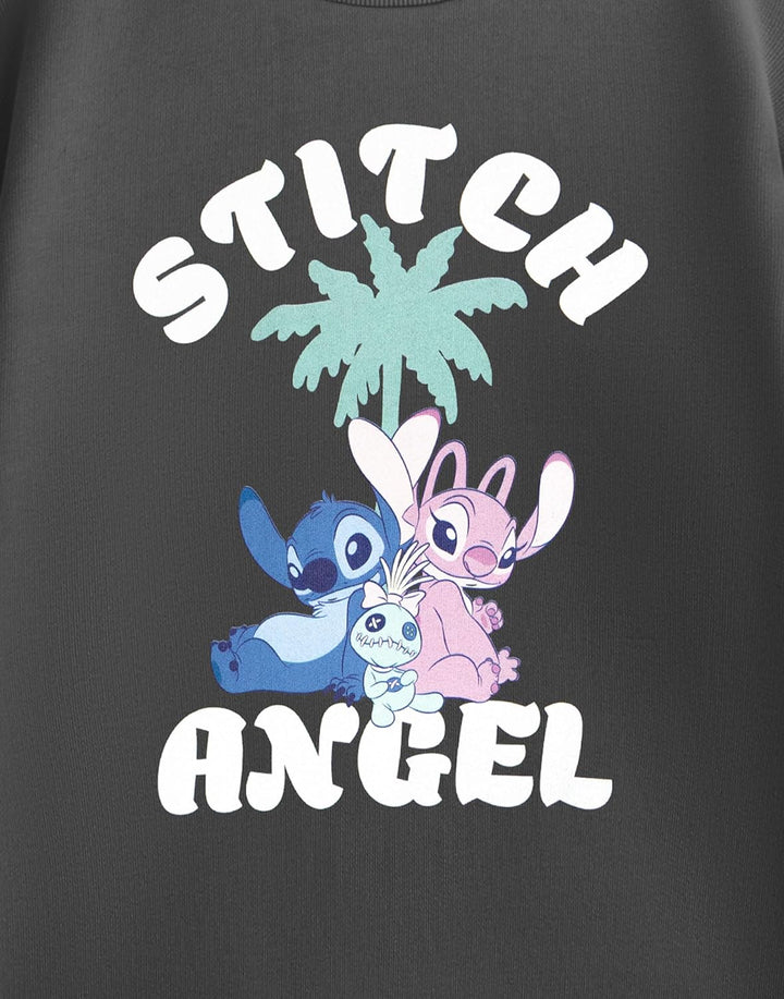Disney Stitch & Angel Mädchen-Sweatshirt in Grau | Lilo & Stitch Langarm-Oberteil mit Rundhalsaussch