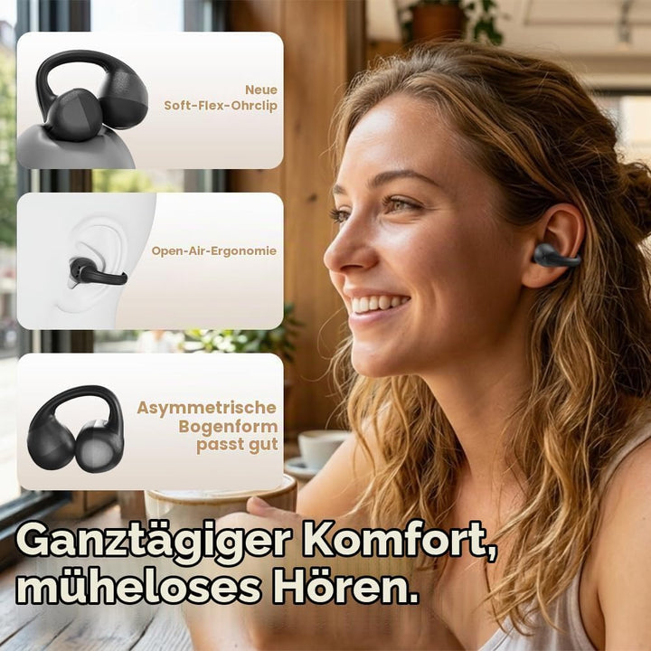 Open Ear Kopfhörer, Bluetooth Earbuds, Clip on Design mit 4 Noise Cancelling Mikrofone, 40h Std, Blu