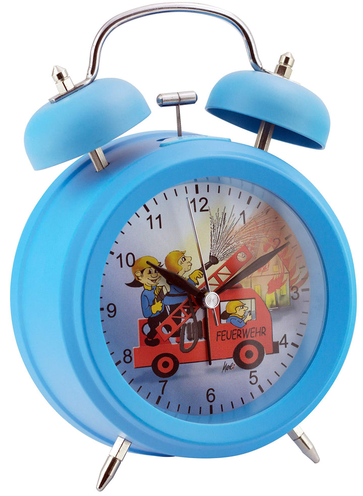 Eurotime Analog Wecker mit Glocke und Feuerwehr-Motiv, kein Ticken, schleichende Sekunde Modell 2207