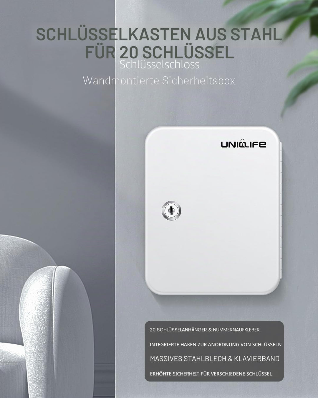 Uniclife Schlüsselschrank mit 20 Positionen, mit Schlüsselschloss, Wandmontage, weiss, Sicherheits-A