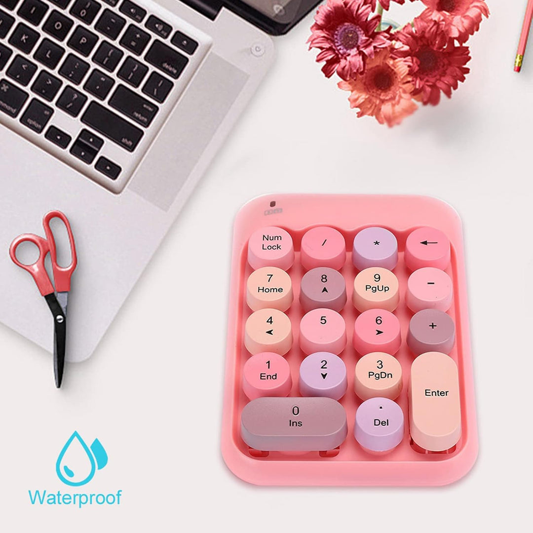 Dpofirs X910 Wireless Ziffernblock mit 18 Runden Tasten, Rosa wasserdichte USB-Ziffernblock Im Retro