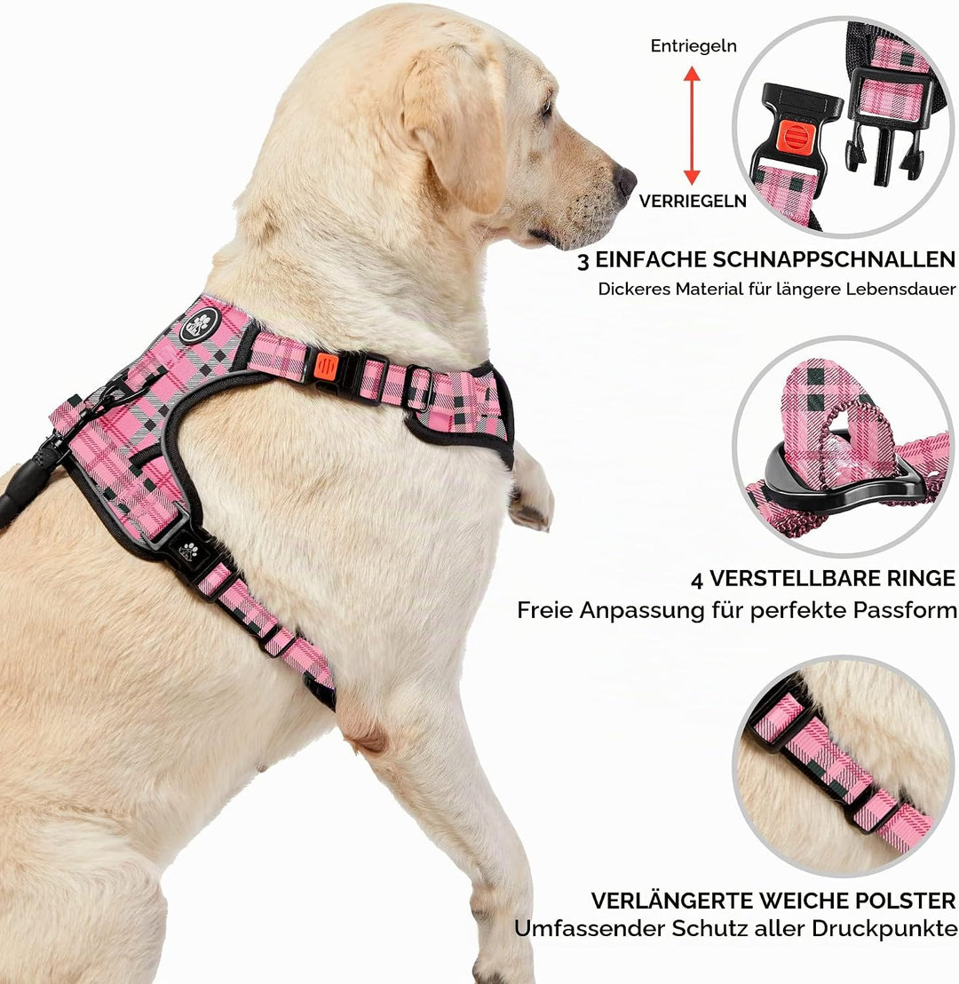 NESTROAD Hundegeschirr Mittelgrosse Hunde Kariertes Rosa, Grösse M Anti Zieh Geschirr für Hunde Mitt