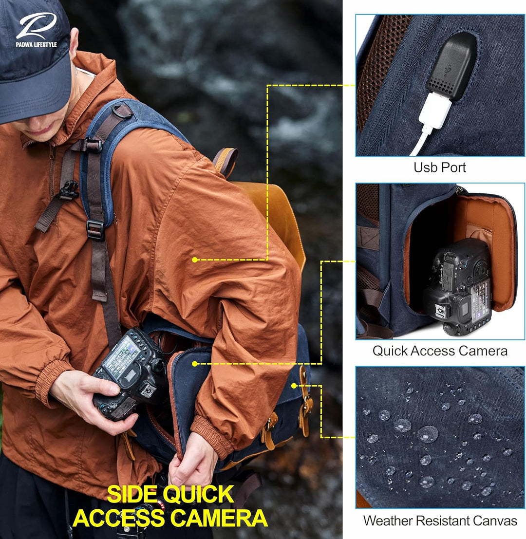 Padwa Lifestyle Blau Kamerarucksack - wetterfeste Kameratasche aus gewachstem Memory Canvas mit 16“