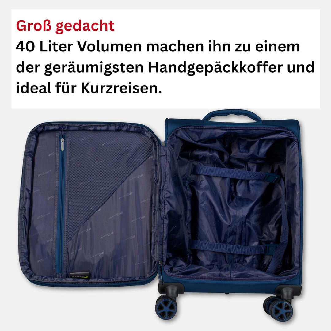Cocoono Handgepäck Koffer 55x40x20 – Leichter Stoff Reisekoffer mit Rollen, TSA-Schloss, erweiterbar