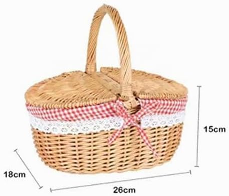 Picknickkorb aus Weidengeflecht Im Landhausstil,Roter Kariert Weidenkorb,26X18X15 cm,Ovaler Picknick