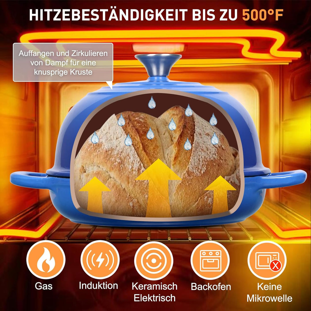 Gusseisen Brotbackform mit Deckel, 4,7L Gusseisen Topf Brot Backen, 23 cm Emaille Bräter mit Deckel,