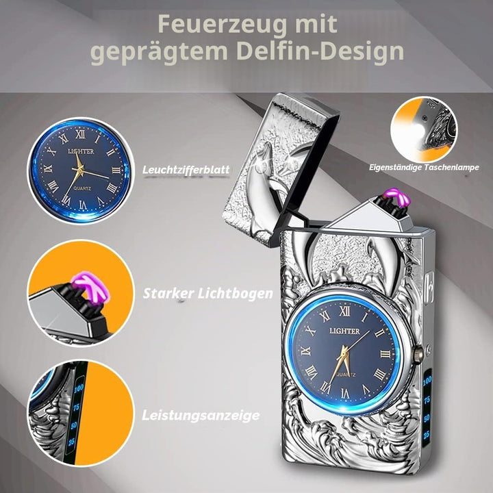 RSBYE Feuerzeug Elektrisch Delphin, Feuerzeug Personalisiert mit Uhr, Lichtbogen Feuerzeug USB Aufla