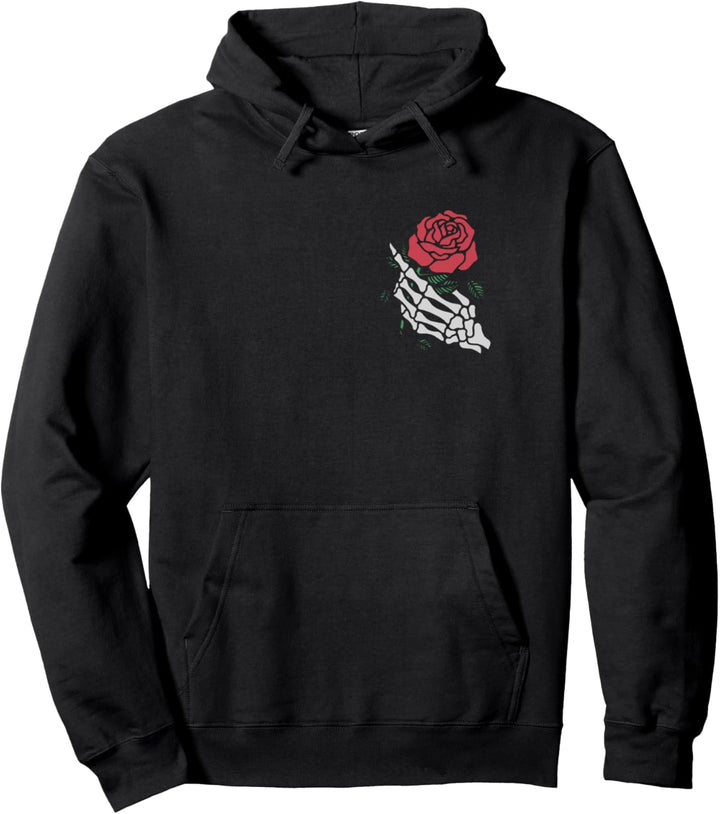 Rote Rose Weisses Skelett Hand hält eine rote Rose Pullover Hoodie