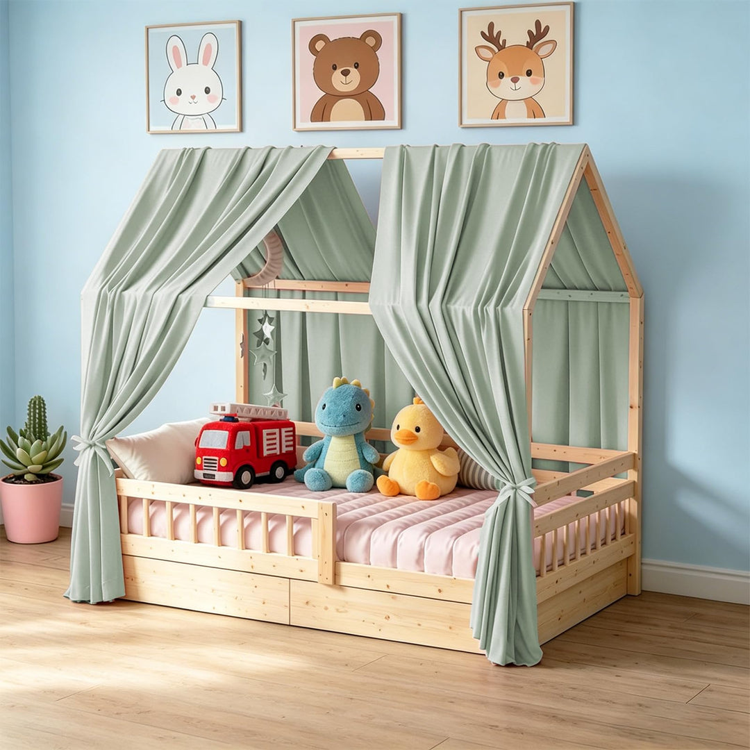 Hausbett Himmel, Betthimmel Hausbett Musselin mit 2 Stück Betthimmel, Stoffhimmel, Baldachin Kinderz