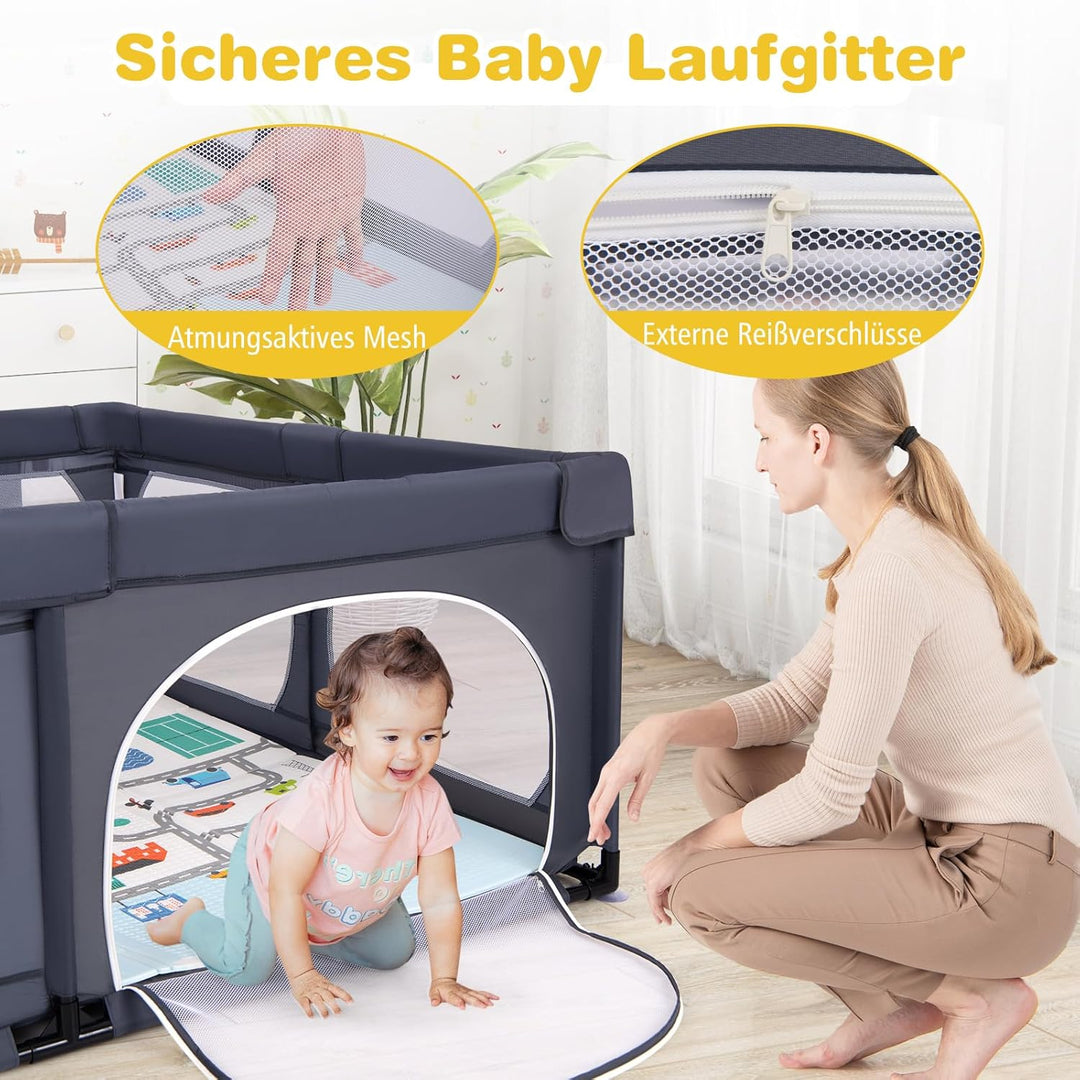 GOPLUS 189x158 cm Laufstall Baby, Laufgitter mit atmungsaktiver Netz, 4 Reissverschlusstür, Tragetas