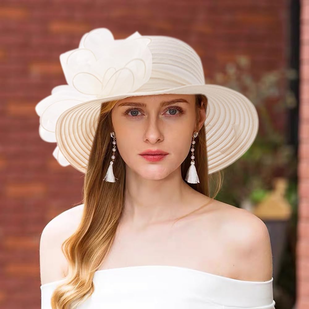 Naimo Damen Organza Kirche Kentucky Derby Fascinator Hut Elegante Schleife Breite Krempe Brauthut Te