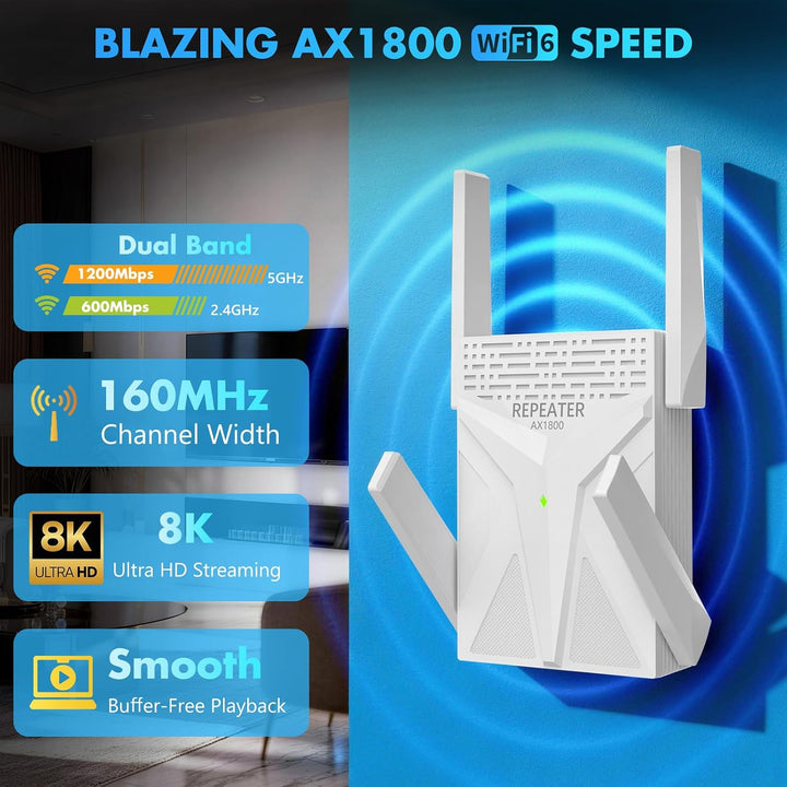 AX1800 WiFi 6 Repeater, WLAN Verstärker bis zu 9800 sq.ft Abdeckung, Dual Band 1800 Mbit/s, WLAN Rep
