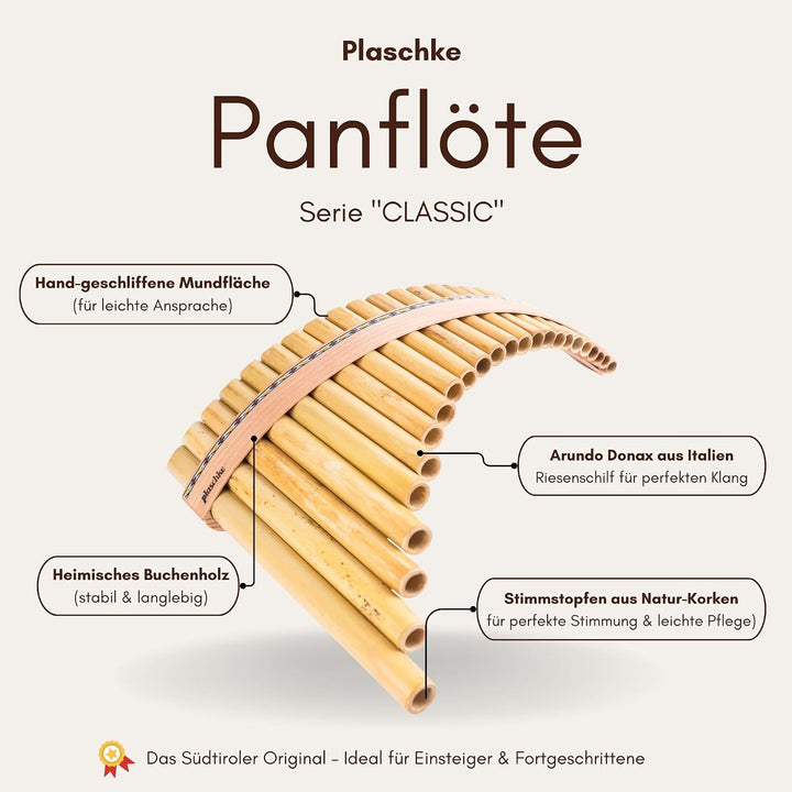 Plaschke Panflöte, Holz-Riemen Design, handgemacht aus Südtirol 18 Töne C-Dur 18 Töne C/Do, 18 Töne