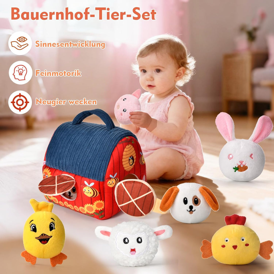 Baby Montessori Spielzeug ab 6 Monate 1 Jahr, Kinder Sensorikspielzeug mit Scheune & 6 Tierrasseln v