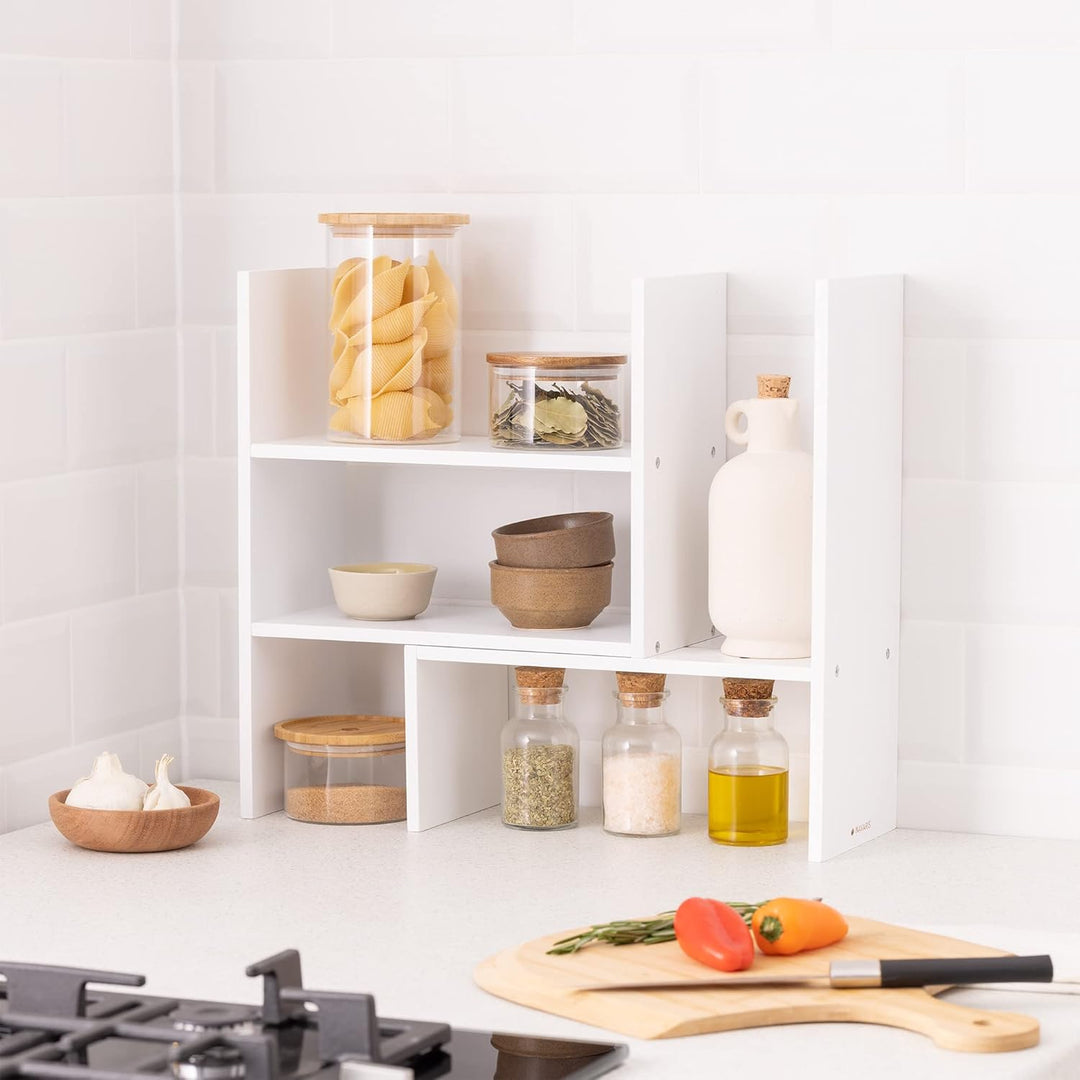 Navaris Bambus Schreibtisch Organizer 64x15,5x40 - Tisch Regal Ordnungssystem verstellbar - Eckregal