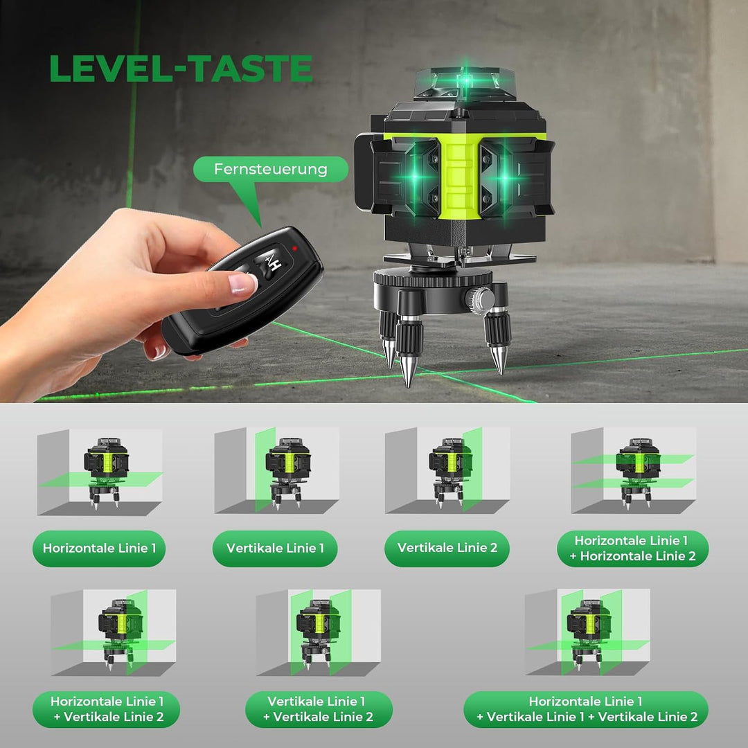 Kreuzlinienlaser Grün 16 Linien Nivellierlaser mit Stativ, 4 x 360 ° Laser wasserwaage, linienlaser
