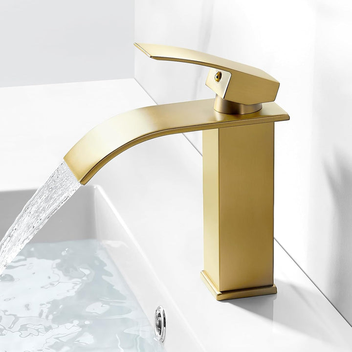 kisimixer Wasserhahn Bad Wasserfall Waschtischarmatur Gebürstetes Gold, Einhandmischer Armatur Wasch