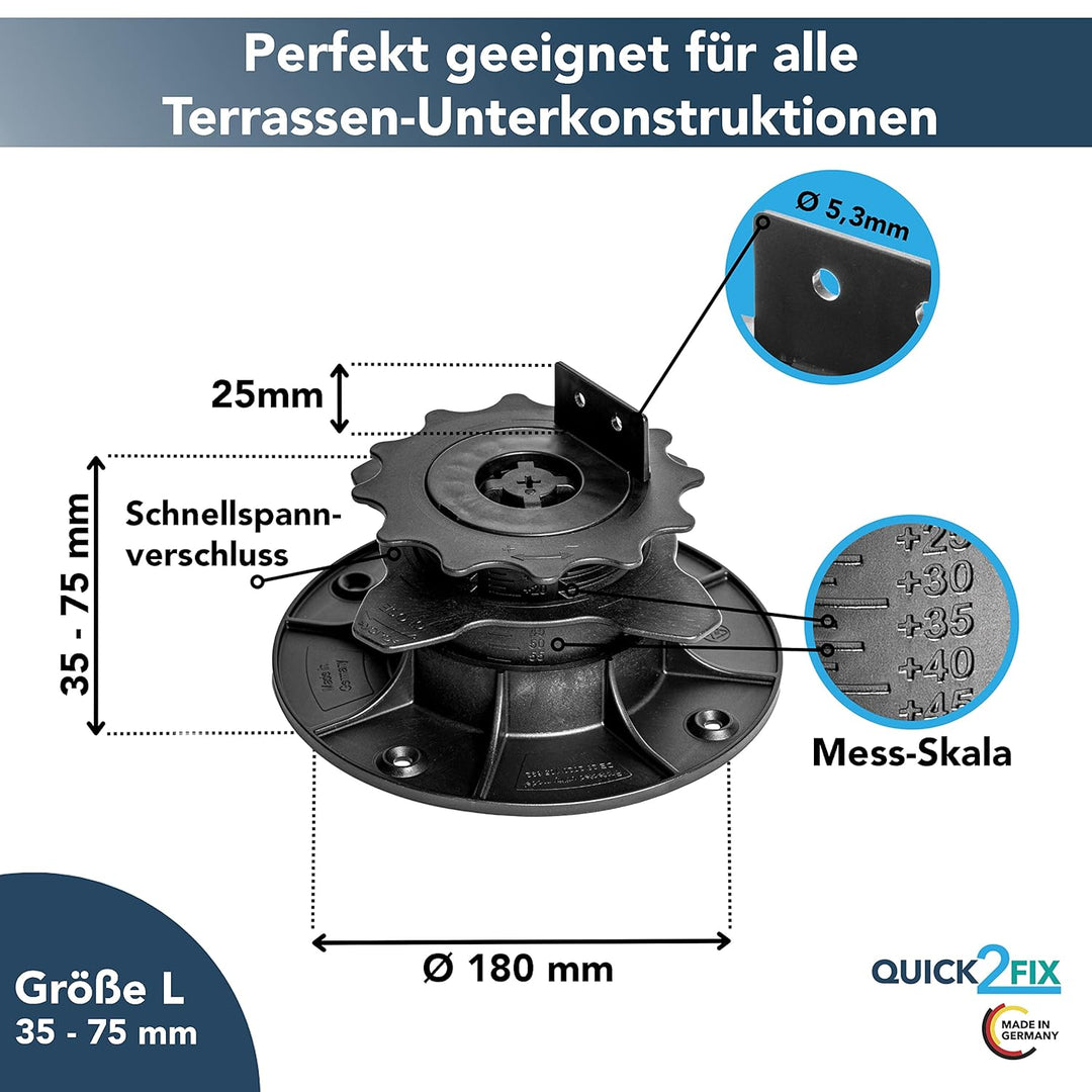 QUICK2FIX® Stelzlager höhenverstellbar 35-75mm (Grösse L) - Dielenaufleger | 24 Stk. Grösse L 35-75