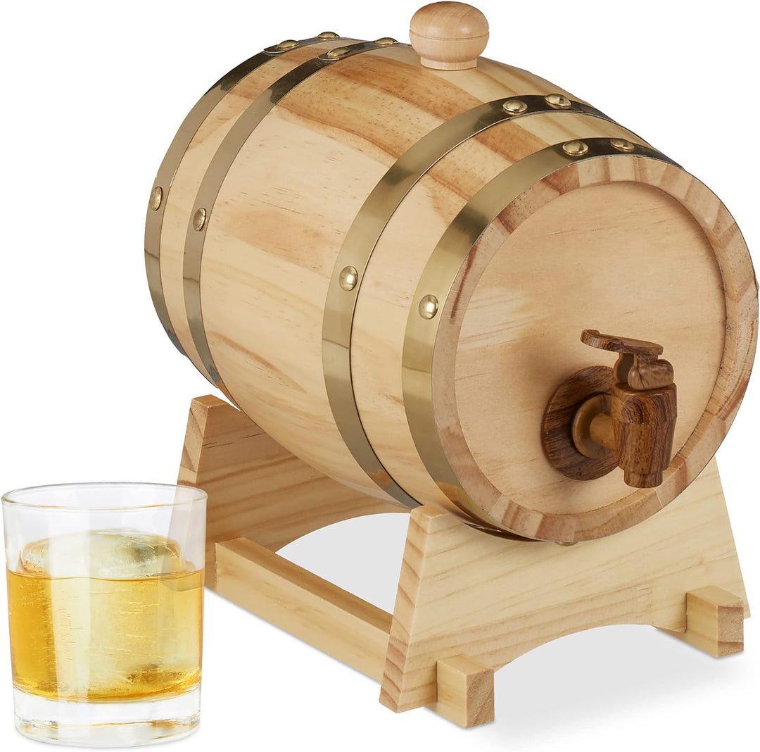 Relaxdays 10027852 Holzfass 1,25 l, mit Bock, Zapfhahn, für Whiskey, Wein, Spirituosen, Whiskyfass H