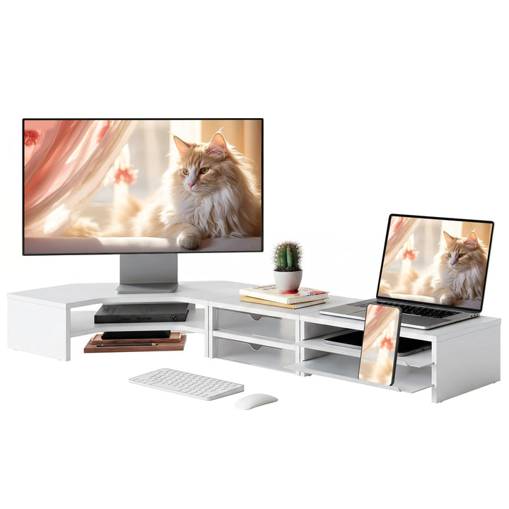 Fenge Monitorständer 3 in 1, Dual Monitor Stand mit Schublade und Ausziehbarem Tablett, L-Förmiger E
