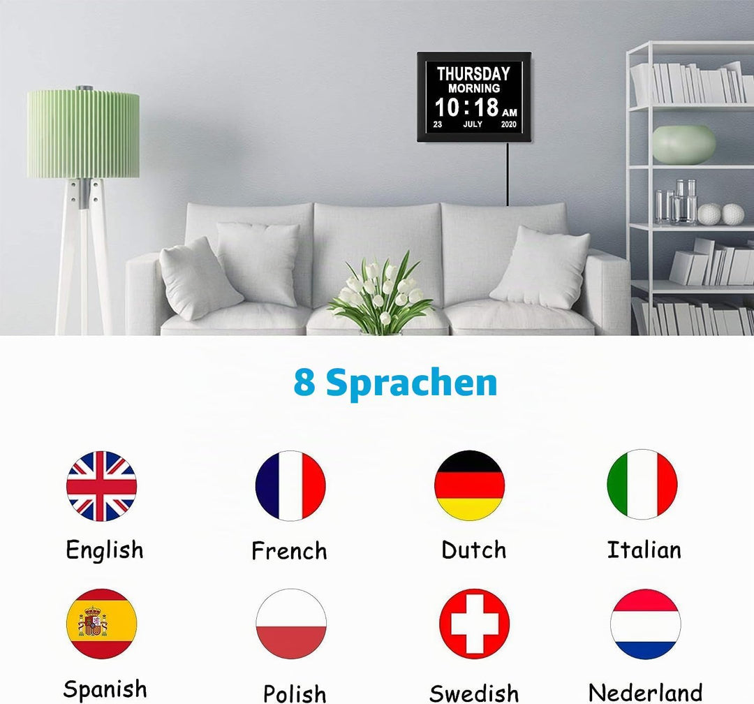 8 Zoll Wecker Digital mit Automatische Helligkeitsanpassung, Leiser LCD-Display-Wecker mit Luftfeuch