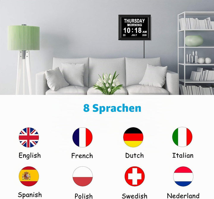 8 Zoll Wecker Digital mit Automatische Helligkeitsanpassung, Leiser LCD-Display-Wecker mit Luftfeuch