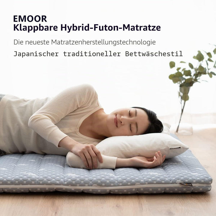 EMOOR Faltbare Hybrid-Futon-Matratze, Hoch-Resilien-Urethan, 150 N (Mittelfest), Mit Waschbarem, Gep