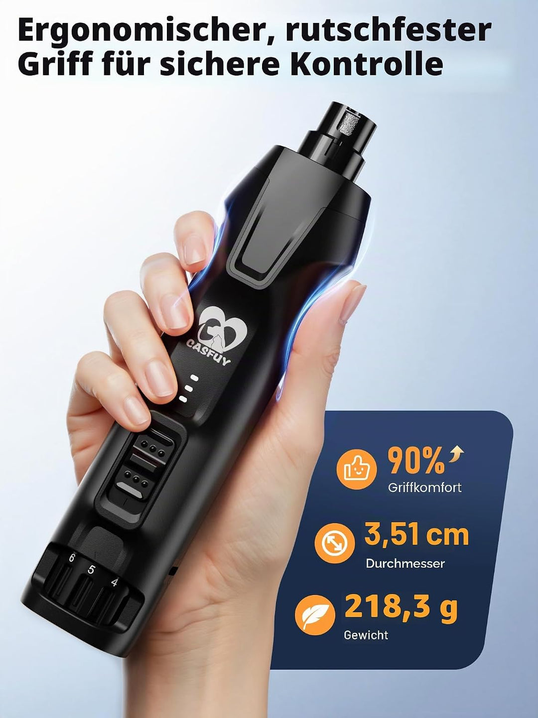Casfuy 6-Gang-Hunde-Nagelschleifer - 50% Boosted Power Hund Nagelschneider Leise mit Dual-LED-Leucht