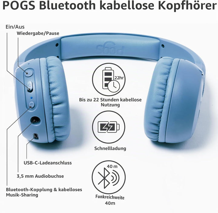 POGS Drahtloser Bluetooth Kinderkopfhörer | The Gecko 2 | Faltbarer robuster Kinderkopfhörer ab 3 Ja