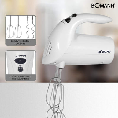 Bomann HM 350 CB Handmixer, Kraftvoller 250 Watt-Motor, 5 Geschwindigkeitsstufen, Auswurftaste, Edel